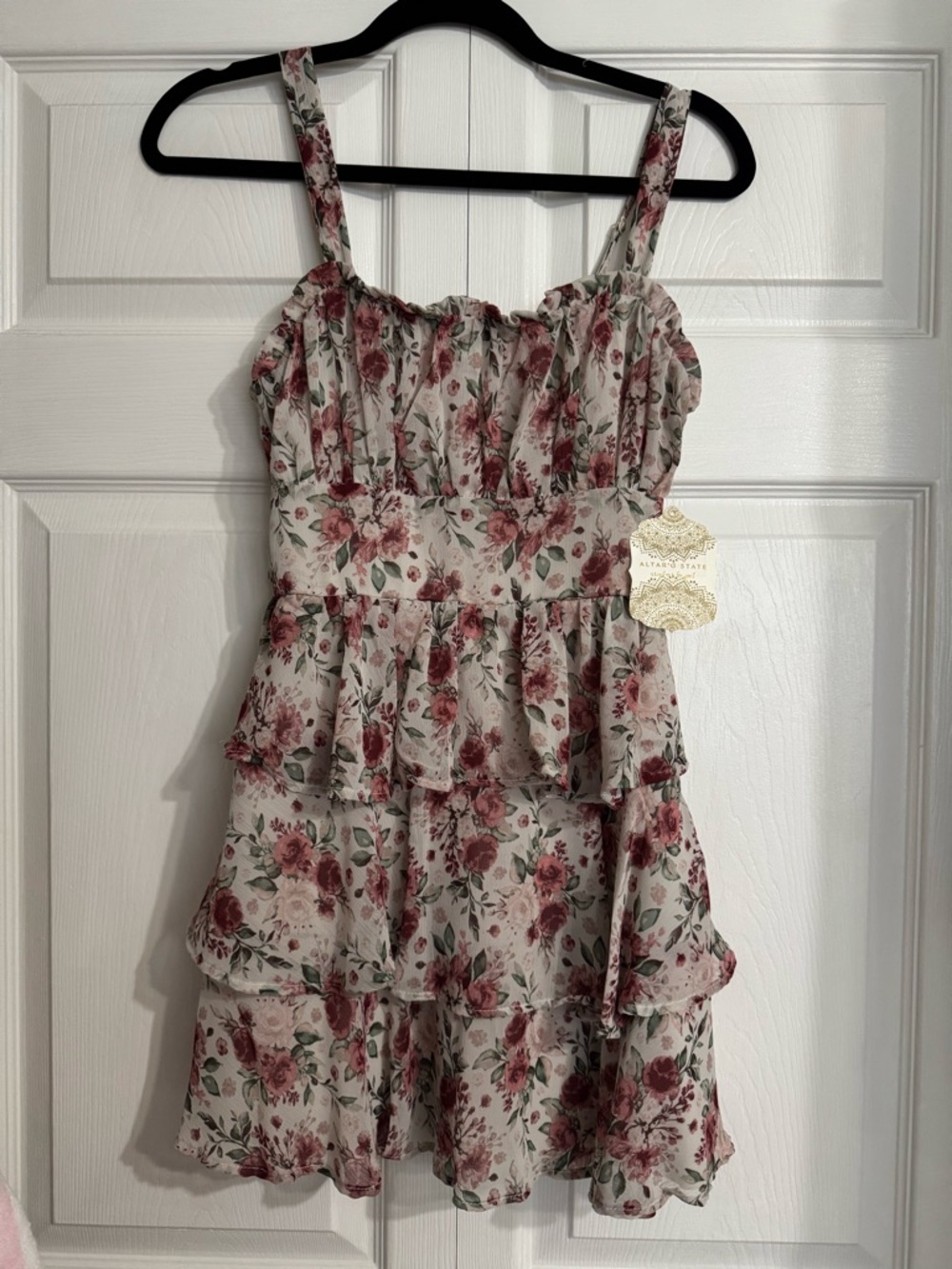 NWT Altard state floral mini dress ruffles pink red mauve ivory small